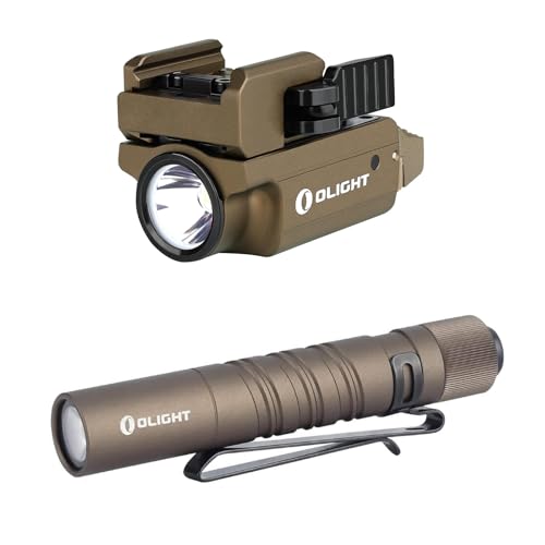 OLIGHT PL-Mini 2 Valkyrie Compact Weaponlight, 600 Lumens Tactical Flashlight with Magnetic USB Rechargeable Built-in Battery and I3T EOS 180 Lumens Dual-Output Slim EDC Flashlight Desert Ta